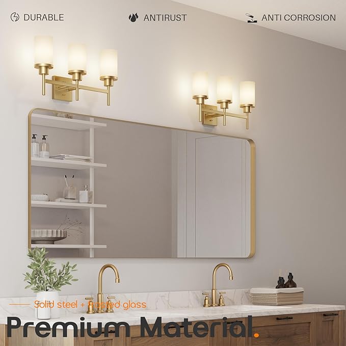 AONEON Bathrom Light Fixtures Modern Gold 3 Vanity Lights Over Mirror, Wall Lamps with White Frosted Glass Shade for Toilet Washroom Bath T001GD-L3