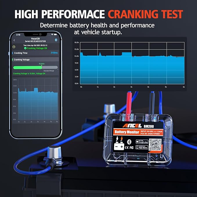ANCEL BM200-US Car Battery Tester 12V Automotive Battery Monitor Bluetooth Auto Battery Load Tester with Cranking Charging Test Alarm Record Voltage History Voltmeter for Car/RV/Motorcycle/Truck/Boat
