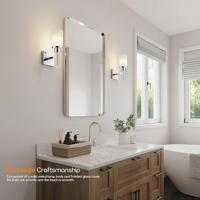 AONEON Vanity Lights Polished Chrome Bathroom Light Fixtures with White Frosted Glass Shade, Wall Sconce for Mirror Hallway Entrance Porch T001CH-L1