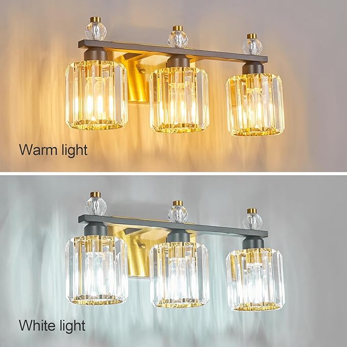 FDPBY Bathroom Vanity Lights 3-Light Sand Black Gold Modern Crystal Vanity Light Fixtures Over Mirror Crystal Bathroom Vanity Lighting Fixtures