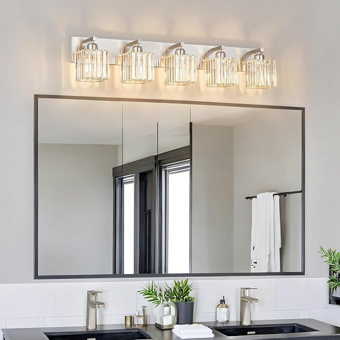 FDPBY Modern Vanity Light 5-Lights Brushed Nickel Vanity Light Crystal Bathroom Wall Light Bathroom Light Fixtures
