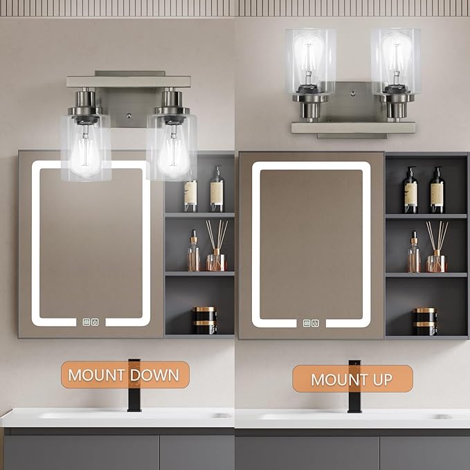 DIKAIDA Bathroom Vanity Light, 2-Light Nickel Modern Matte Wall Sconce Lighting with Clear Glass Shade, Wall Lights,Bath Vintage Wall Mounted Lamps for Mirror Bedroom Living Room