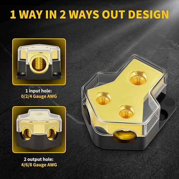 Bolipoeq 12V Power Distribution Block Car Audio 2 Way 0/2/4 Gauge in 4/6/8 Gauge Out, Quality Ground Distribution Block 12 Volt Amp Distribution Block Splitter for Automotive Car Marine Boat (2 Pack)