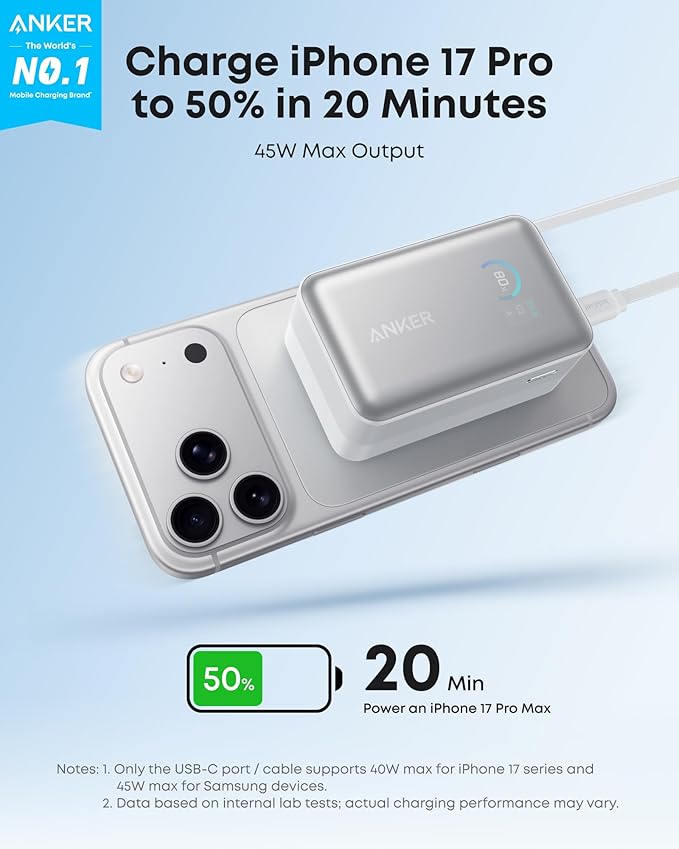 Anker Nano Portable Charger, 10,000mAh 45W Max Compact Power Bank, Travel Essential Phone Battery Pack with 2.3 ft InstaCord Retractable Cable for iPhone 17/16 Series, iPad, Galaxy, Pixel, and More