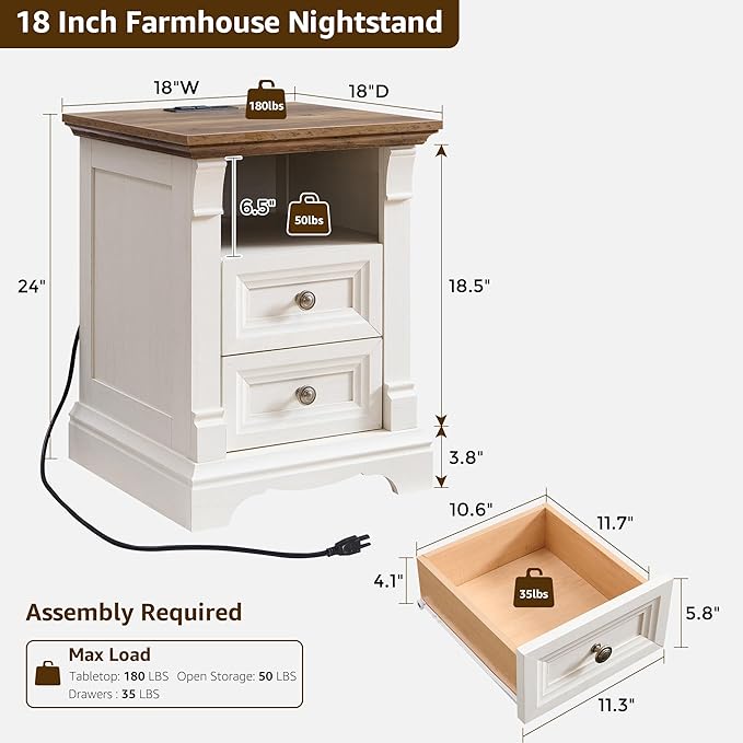 T4TREAM Farmhouse Nightstand Set of 2, 18" End Table with 2 Drawers Storage, Wood Side Table w/Roman Column, Bedside Cabinet for Bedroom, Living Room, Antique White