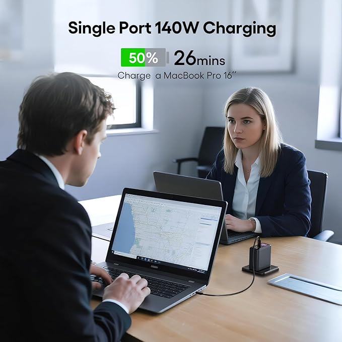WOTOBEUS GaN Dual 140W USB C PD 3.1 Wall Charger with LED Display - PPS 100W 65W 45W 25W Type-C Laptop Power Adapter and Cable - Fit for MacBook Pro iPhone 17 16 15 iPad Galaxy S25 S24 Pixel - ETL
