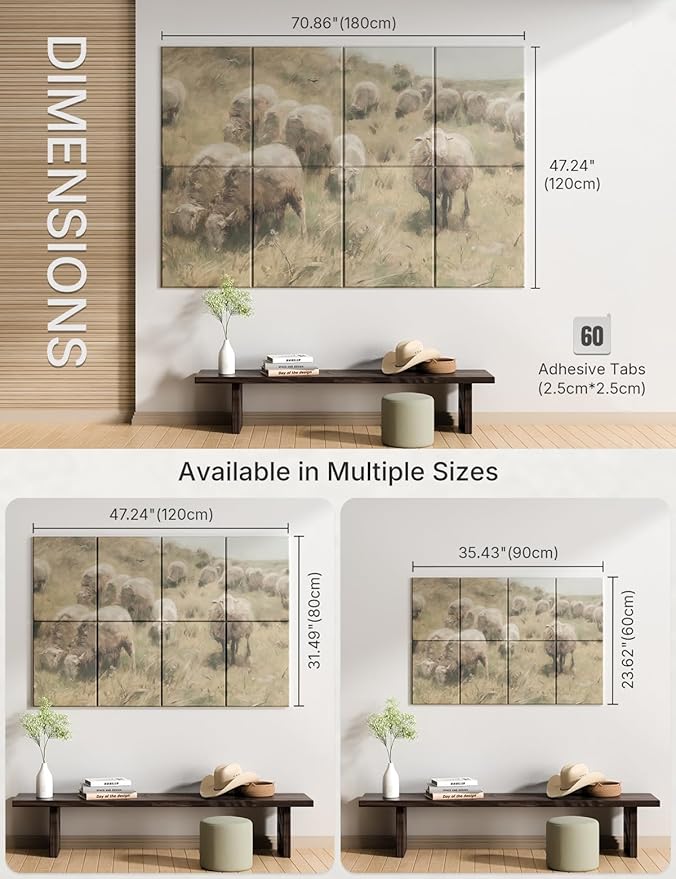 Wall Art Acoustic Panels,70''×47''Sound Absorbing Panels-8-Pack with 60 Adhesive Tabs, Decorative Sound Absorbing Panels for Living Room and Recording Studio, Offices-Hillside sheep