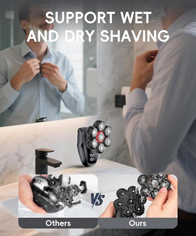 MALEGEBAZ Head Shaver for Bald Men：IPX8 Waterproof 7D Magnetic Electric Head Shaver with LED Display, USB-C Fast Charge, Travel Lock & 5 Attachments, Valentines Day Gifts for him,Black