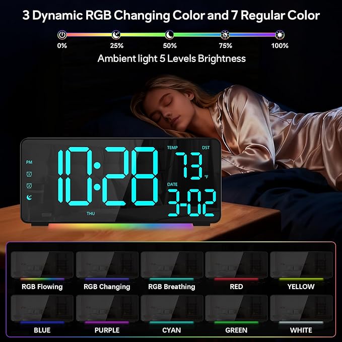 EVILTO Digital Alarm Clocks for Bedrooms, RGB Desk Clock with 15 Color Display, Date Temperature and Weekday, DST, Snooze, 2 Alarms, Ambient Lighting for Living Room, Bedside Office Gaming Desk Decor