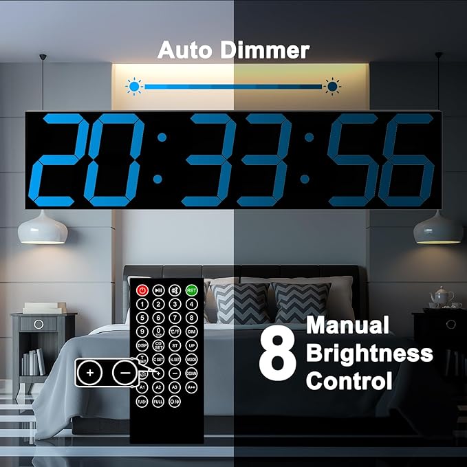 CHKOSDA Digital Wall Clock, Oversize Led Digital Clock Large Display with Auto Dimmer, Huge Countdown Timer with Remote Control, 27" Wide Display, 6 Digits, Wall Mount, Date and Temperature(Ice Blue)