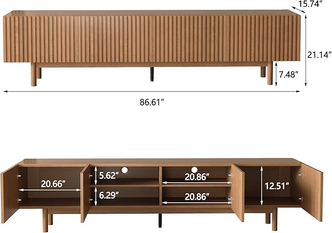gaoyangjiaju 86.61" Wooden TV Cabinet with Open Shelving, Removable Divider and Cable Management (Pedestal 15.74" D x 86.61" W x 17.5" H) (Legs15.74 D x 86.61" W x21.14 H)