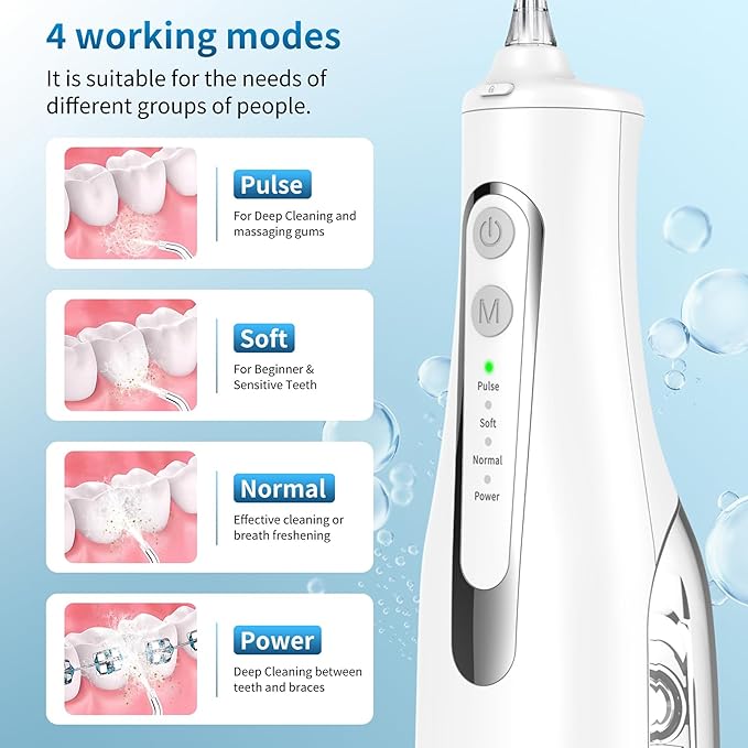R REVA Cordless Oral Irrigator - 4 Modes Water Flosser for Teeth Cleaning, 300ML Reservoir, 360° Nozzle, IPX7 Waterproof, 2000mAh Rechargeable Battery, 4 Jet Tips, Smart Memory Function (M149 - White)