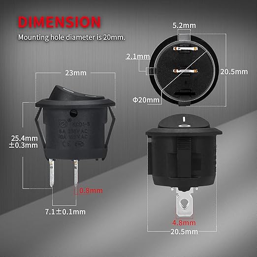 DaierTek UL Listed ON Off Round Rocker Switches SPST 20mm Mini 12 Volt DC Mini Circle Toggle Switch 12V for Car Automotive RV 2 Pin Switch 120V Wired KCD1-5Pack