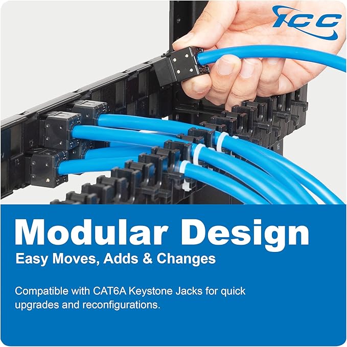 ICC 24 Port Blank Keystone 1U Patch Panel with 19” Metal Rackmount Housing and Cable Support Bar, Staggered Ports to Reduce ANEXT, Works with Keystone Jacks (Sold Separately), UL Listed, IC107PPU6A