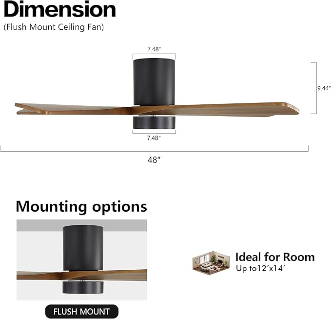 WINGBO 48 Inch Flush Mount DC Ceiling Fan with Lights and Remote, 5 Reversible Carved Wood Blades, 6-Speed Noiseless DC Motor, Hugger Ceiling Fan in Matte Black Finish with Walnut Blades, ETL Listed
