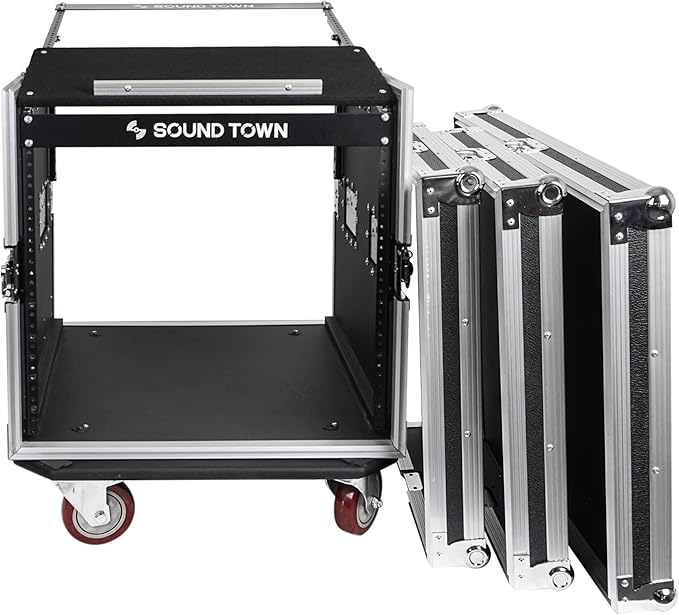 Sound Town Enhanced Thickness 1/2" (12mm) Plywood 10U Audio Rack/Road Case with 14U Slant Mixer Top, 25’’ Rackable Depth and Casters-Pro Tour Grade (STMR-DE10UW)