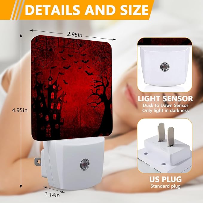 GANTINIR Halloween Night Light, Plug-into Red Black Red Black Bats Spider Ghost Nightlight White LED Lamp, Energy Efficient Decor Desk Lamp for Bedroom Hallway Stairs Bathroom