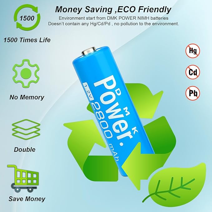 DMK POWER Rechargeable High Capacity Batteries 1.2V NiMH Low Self Discharge (AA Mixed Color 2800MAH (10 Pieces))