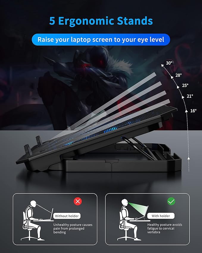 AICHESON Laptop Cooling Pad for 12-15.6 Inch, 6 Cooler Fans with Blue Lights, Laptop Cooling Stand with 2 USB Ports (Blue)