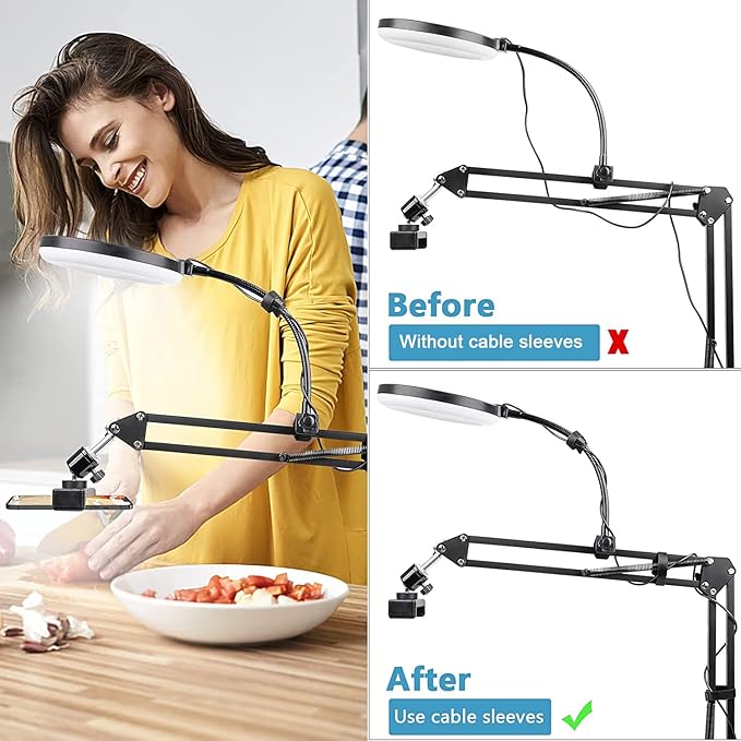 ChromLives Overhead Phone Mount with Ring Light, Overhead Tripod Phone Holder Mount for Video Recording, Flexible Articulating Arm Overhead Phone Stand Top Down Camera Mount with Light