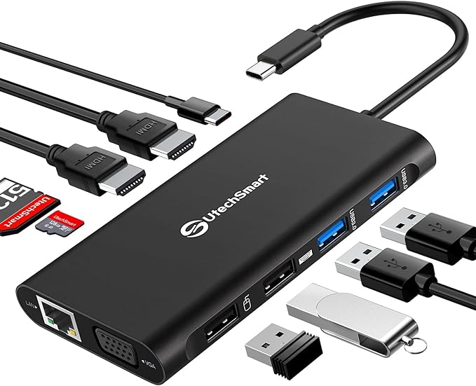 UtechSmart Triple Monitor USB-C Laptop Docking Station - 11-in-1 Dock with 2 HDMI, VGA, PD3.0, SD/TF Card Slot, 4 USB Ports - Compatible with MacBook & Windows (Black)