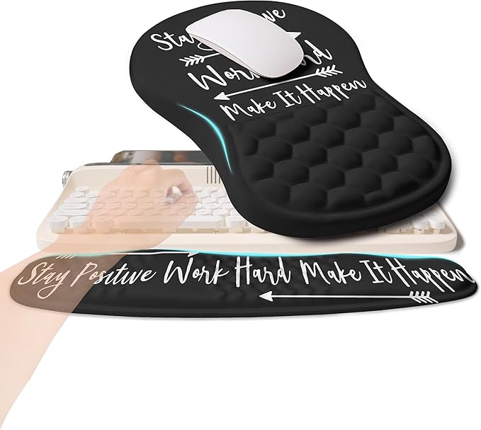 KUOSGM 2-in-1 Ergonomic Set, Wave Rise Keyboard Wrist Rest and Massage Bulge Slope Mouse Pad Wrist Support, Cushion Memory Foam Integrated to Relieve Wrist Pain, Stay Positive