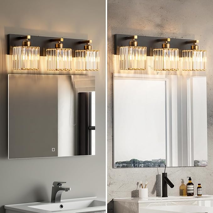 FDPBY Modern Bathroom Vanity Light 3-Lights Black Gold Crystal Bathroom Wall Light Vanity Light Fixtures，20.47-inch Modern Minimalist Design