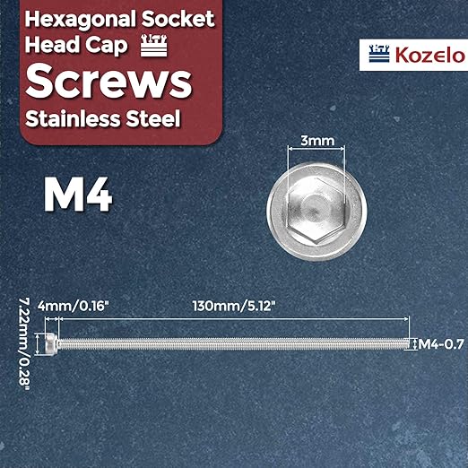 Kozelo 4pcs Socket Head Cap Screws - [M4-0.7 x 130mm] 304 Stainless Steel Allen Socket Drive for Electrical Motor 3D Printing Fan Engine Replacement Use, Silver