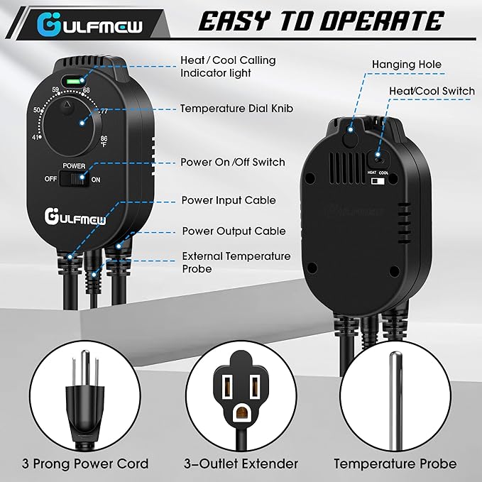 2 Pcs Plug in Thermostat for Heater, Thermostat Plug Outlet with 4.9FT Power Cord, Heating and Cooling Thermostats Outlet with Temperature Probe for Space Heater, Greenhouse Fan (Black)