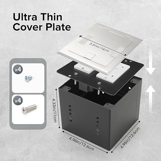 Vagueior Recessed Flat Hidden Floor Electrical Outlet Box Kit,Stainless Steel Cover with 4 * 20A Tamper-Resistant Receptacle Outlet and 5V/4.8A USB Port,UL Certified,Silver