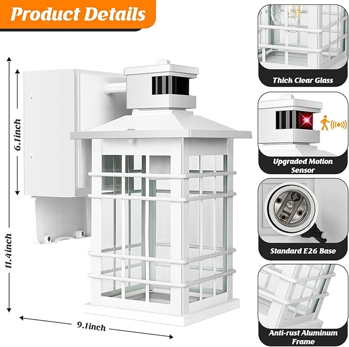 Porch Light with GFCI Outlets, White Motion Sensor Dusk to Dawn Outdoor Wall Light Fixture, 2-Pack Waterproof Outside Wall Lantern Sconce 3 Lighting Modes, Exterior Wall Light for Front Door House