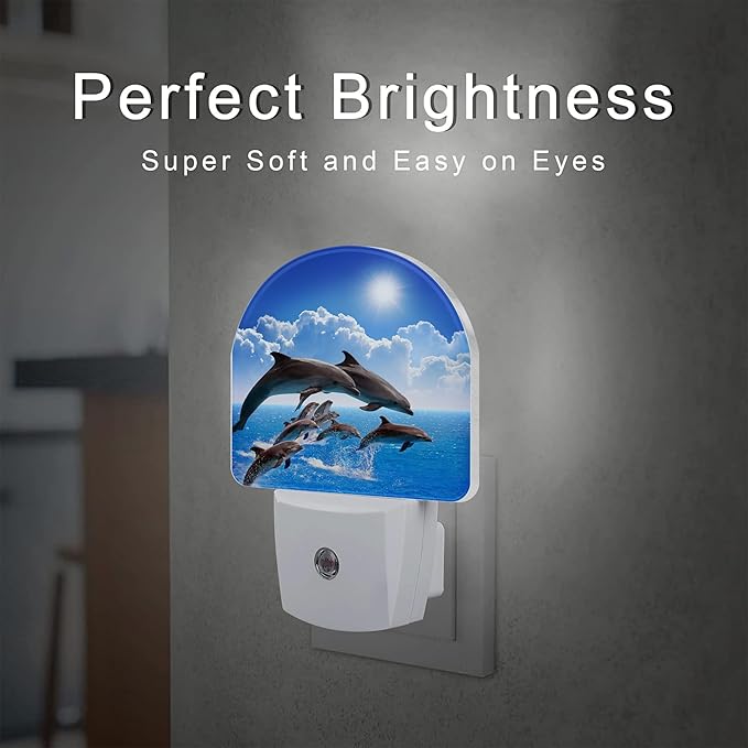 sndheke Jumping Dolphins Night Light Plug into Wall, Blue Sea and Bright Sky Dusk to Dawn Night Light Plug in,0.5w Energy Saving Sleep Friendly NightLight for Kids Boys Girls Home Decor