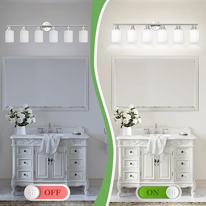 Guliaofo 6-Light Brushed Nickel Vanity Lights for Mirror, Bathroom Light Fixtures with Textured Milky White Glass Shade, Modern Kitchen Light Fixtures Wall Sconce Light - E26 Base