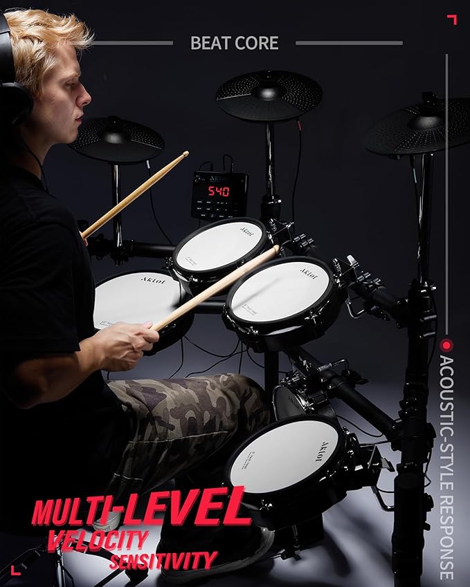 AKLOT Electric Drum Set with Kick-Tower: 4 Dual Zone Mesh Pads, 8’’ Tower-Style Kick Drum, 10’’ Snare, Dual Zone 10’’ Cymbals with Choke, 360 Sounds, User Kit, USB-MIDI, Throne, B-CORE 540 Air, Black