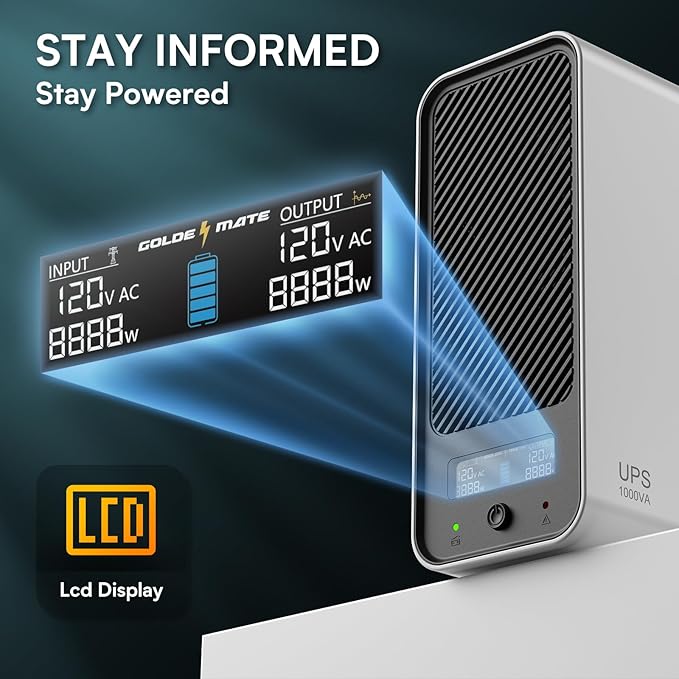 GOLDENMATE 1000VA/600W Lithium UPS Battery Backup and Surge Protector, Backup Battery Power Supply with LiFePO4 Batteries(153.6 Wh), Sinewave UPS System, 10 Years Lifespan, 8-Outlets, LCD Display