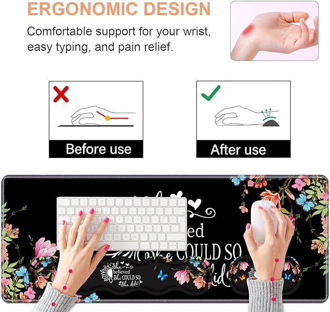Ergonomic Keyboard Wrist Rest & Mouse Pad Wrist Rest Set, Large Gaming Desk Mat 31.5"x 11.8" with Memory Foam, Easy Typing Pain Relief for Home & Office, Floral Quote She Believed She Could So She Did