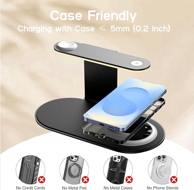 Aluminum 4-in-1 Charging Station for Samsung/Android with 3-Level Night Light, 18W Wireless Charger for Galaxy S25 Ultra/S24/S23/S22/Note 20,Galaxy Watch Ultra/8/7,Galaxy Buds 3 Pro(Black)
