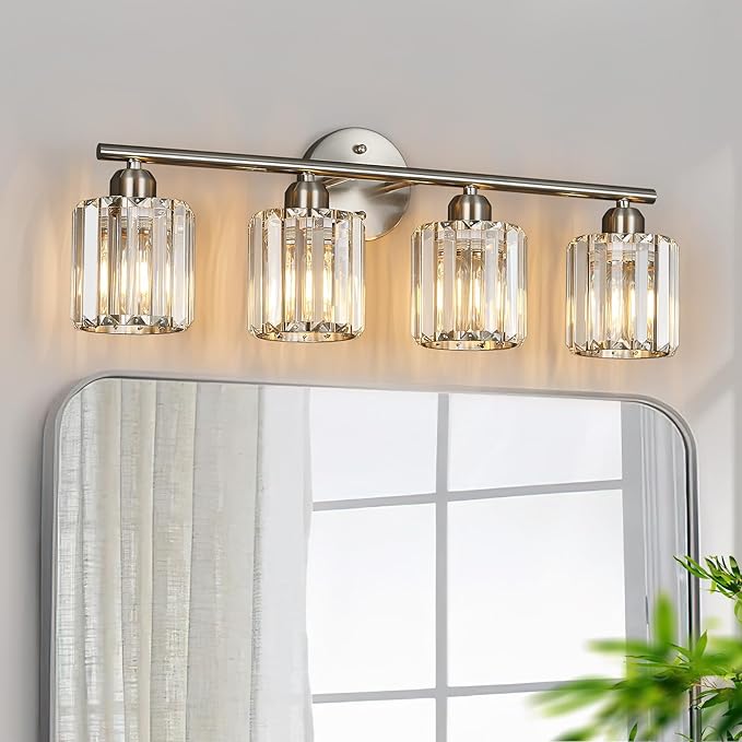 FDPBY Modern 4 Light Crystal Vanity Light, Brushed Nickel Vertical Bathroom Light Fixture Over Mirror for Dressing Table Sink, Compatible with Dimmable Bulbs (Bulbs Not Included)