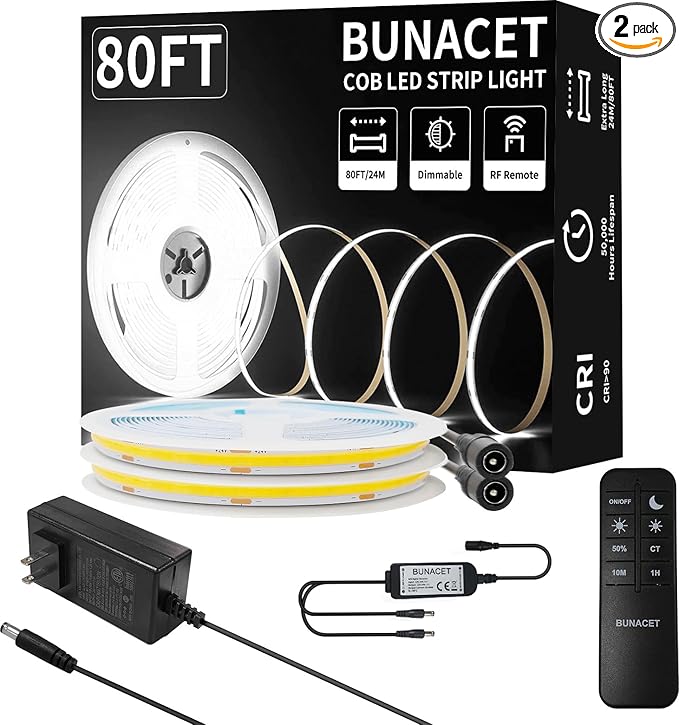 BUNACET 80FT/24m COB LED Strip Light (2 Rolls of 40ft) Warm White Dimmable 6500K High Lumen CRI 90+ with 24V Power Adapter RF Remote LED Lights for Bedroom Counter Under Cabinet Kitchen Projects