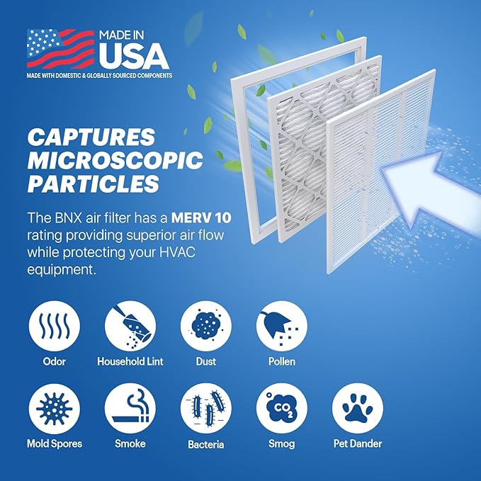BNX TruFilter 14x20x1 MERV 10 (2-Pack) AC Furnace Air Filter - MADE IN USA - Pleated Air Conditioner HVAC AC Furnace Filters - Removes Odor, Mold, Bacteria, Smoke