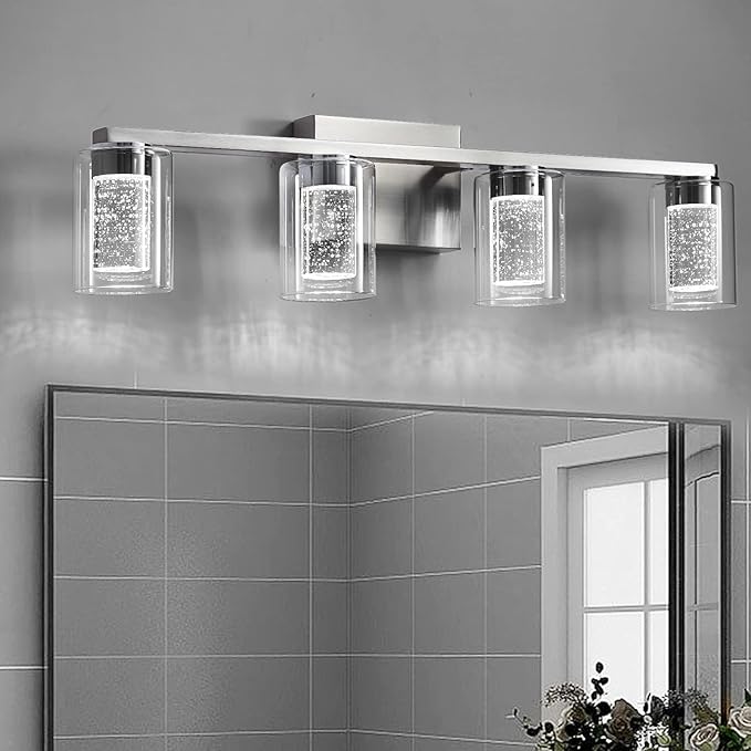 SADENICEL 4-Light Bathroom Light Fixtures, Brushed Nickel, Dimmable LED White/Neutral/Warm Crystal Bathroom Vanity Lights Over Mirror, for Bedroom,Living Room
