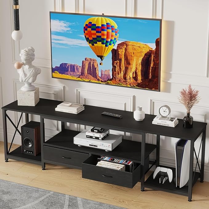 GYIIYUO TV Stand with Fabric Drawer for 50 55 Inches TV - Entertainment Center and Industrial TV Console Table with Open Storage Shelves for Living Room, Bedroom - 47" Black