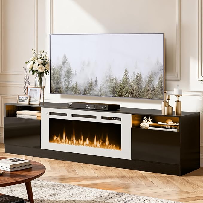 YISUFO 80” TV Stand with 36” Electric Fireplace, Large Modern Media Entertainment Center with Storage Cabinet and 12 Colors LED Lights for TVs Up to 90",Black & White