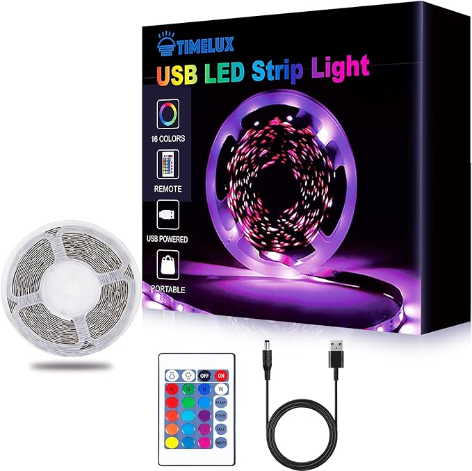 Timelux 20ft LED Strip Lights Color Changing Mood lamp USB 5V Operated RGB 5050 LED Tape Lights Bedroom, Kitchen Cabinet Light with IR Remote Controller and Dimmable