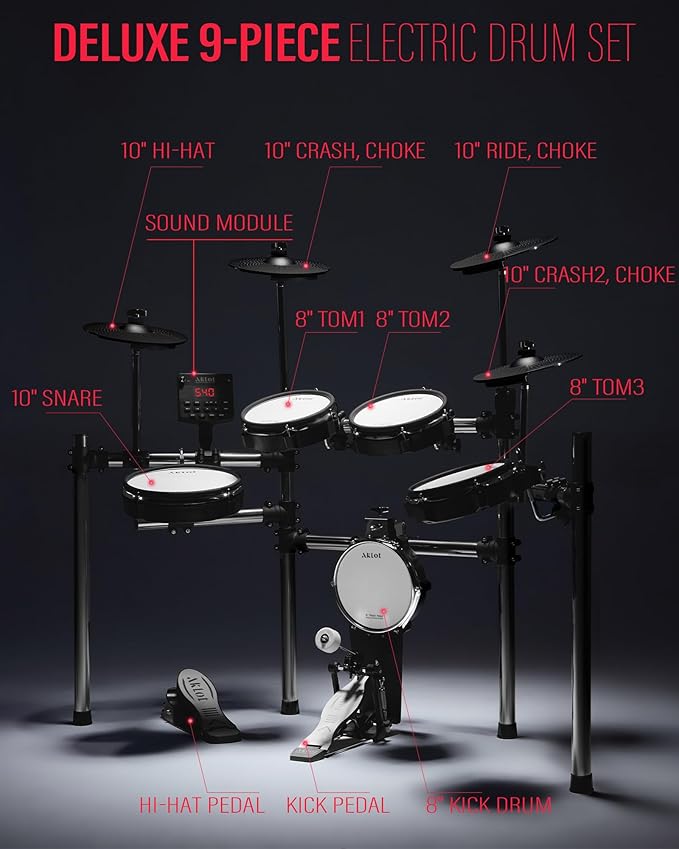 AKLOT Electric Drum Set with Kick-Tower: 4 Dual Zone Mesh Pads, 8’’ Tower-Style Kick Drum, 10’’ Snare, Dual Zone 10’’ Cymbals with Choke, 360 Sounds, User Kit, USB-MIDI, Throne, B-CORE 540 Air, Silver