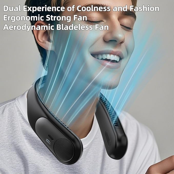 Portable Neck Fan,Personal Wearable Bladeless Fan,LED Display,4-Speeds,6000mAh USB Rechargeable,360° Strong Cooling Wind,Hands Free,White Elephant Gift,Christmas Gifts for Men Women Dad Mom (Black)