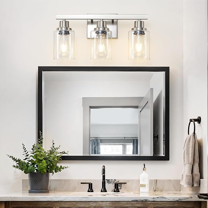 DIKAIDA 3-Light Bathroom Light Fixtures, Nickel Bathroom Vanity Light with Clear Glass Shade, Modern Bathroom Wall Lights Over Mirror, Farmhouse Wall Sconces Lighting for Bedroom Living Room