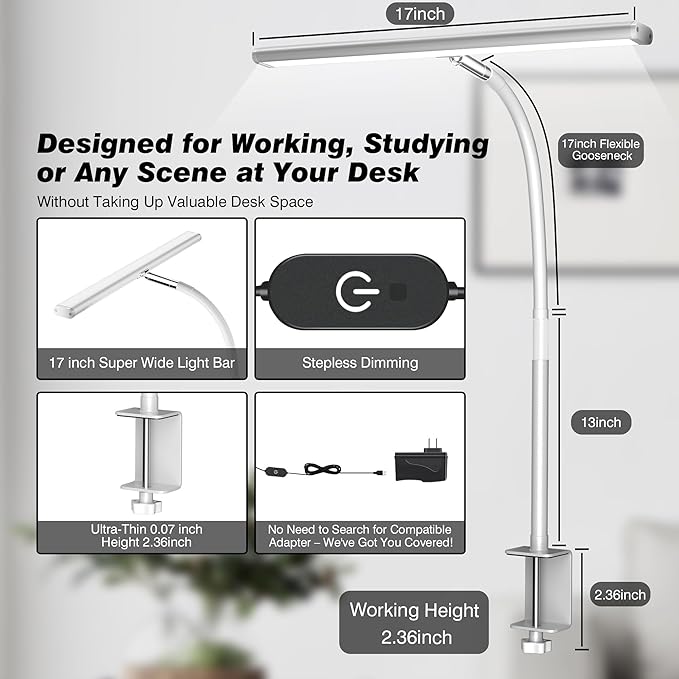Airlonv LED Desk Lamp for Office Home, Eye-Caring Desk Light with Stepless Dimming Adjustable Flexible Gooseneck, 10W USB Adapter Desk Lamp with Clamp for Reading, Study, Workbench (White)