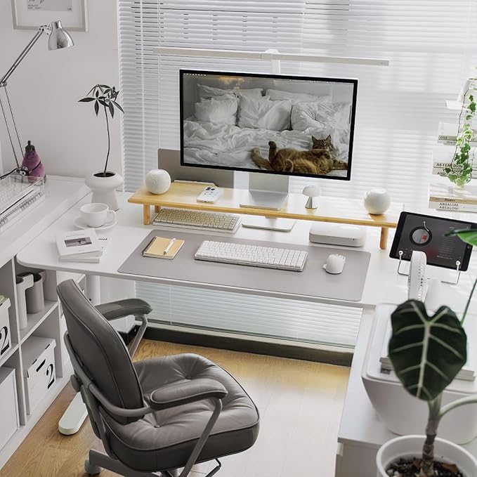 ROCDEER Bamboo Dual Monitor Stand Riser with Underneath Storage, Ergonomic Desk Shelf Supports PC Computer Monitor, Printer, TV for Home, Office, Natural