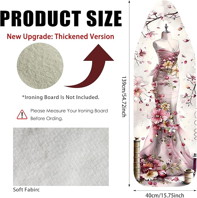 Nuxovilar Ironing Board Cover Needle Cotton 15x54 Inches | Ironing Board Cover and Pad Floral Dress Form Needle Cotton for Craft Room, Laundry Area, Home